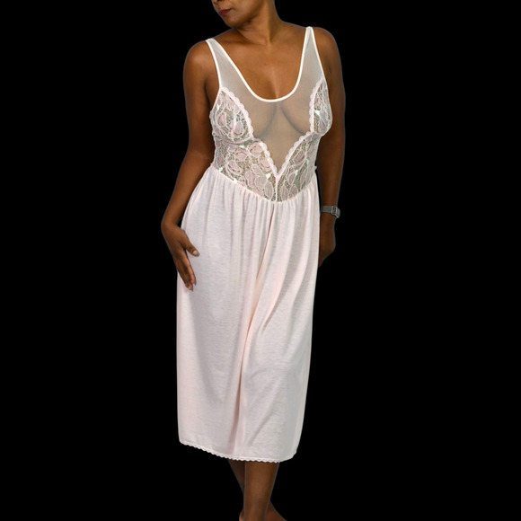 Vintage Victoria Secret Nightgown Pink Crown Catalog Knit Lace Mesh Sheer Medium - Picture 1 of 15